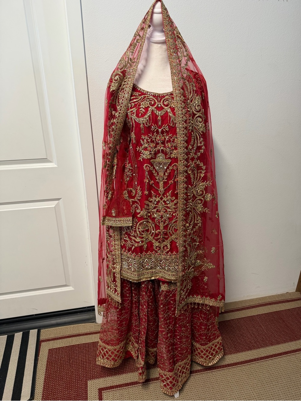 Sha Posh Red Gold Bridal Gharara 3 Piece Pakistani Wedding Dress Heavy Embroider